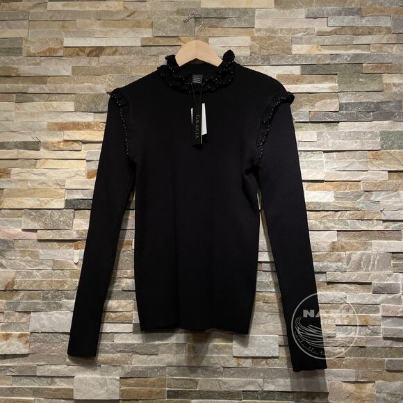 Gracia Stud Trim Ruffle Neck Black Sweater L | Y2K Glam, Beaded Holiday Knit NWT - Picture 1 of 6